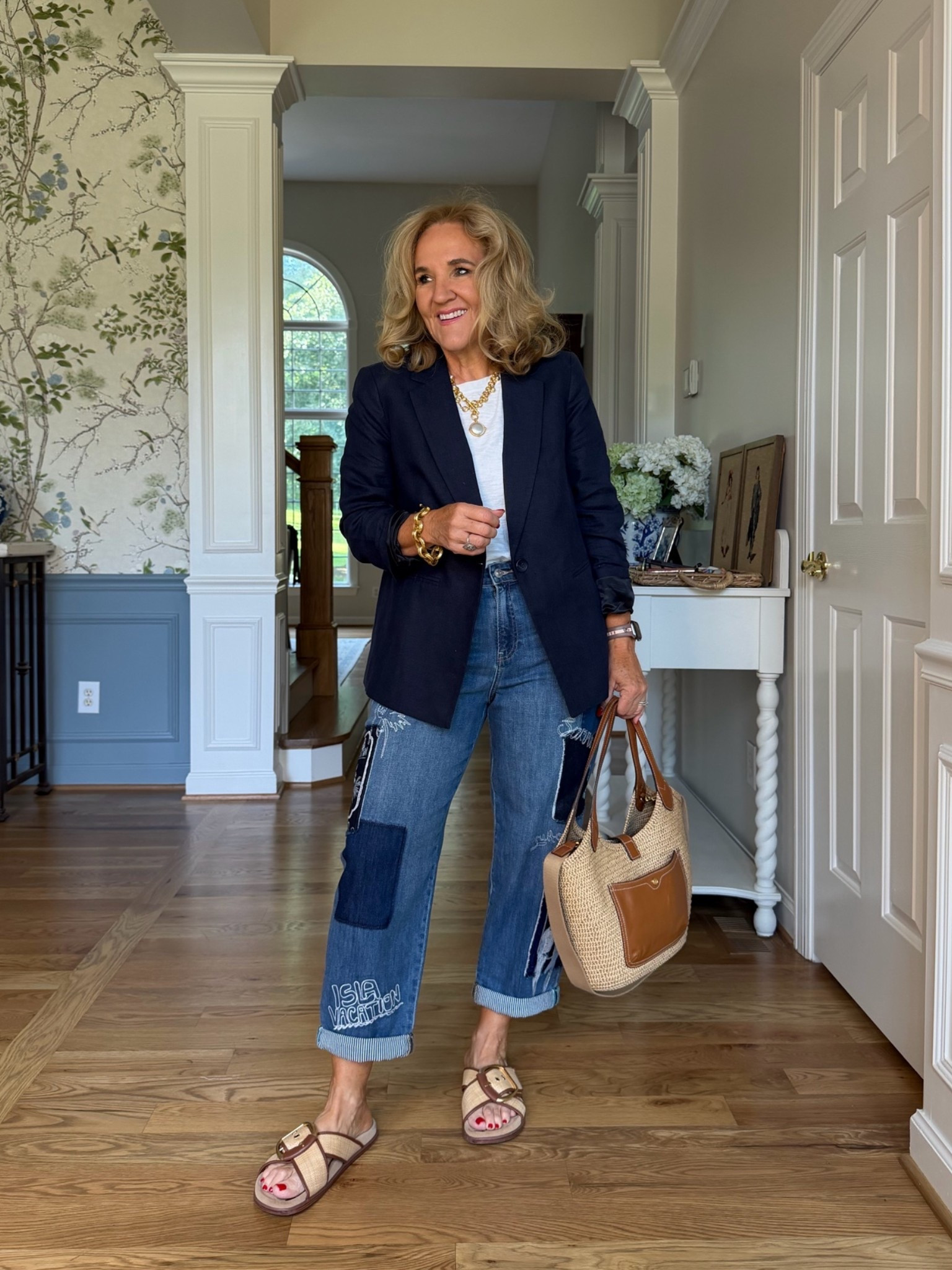 I think these jeans are so fun and funky. I ordered my regular size 1.0 and they fit just right a little bit of slouch.
Navy linen blazer on sale. It’s a great quality if you need a lightweight blazer fully lined size 10 petite
I found my slides over 50% off
10% off my bag with code NANETTE

#LTKSaleAlert #LTKOver40 #LTKootd