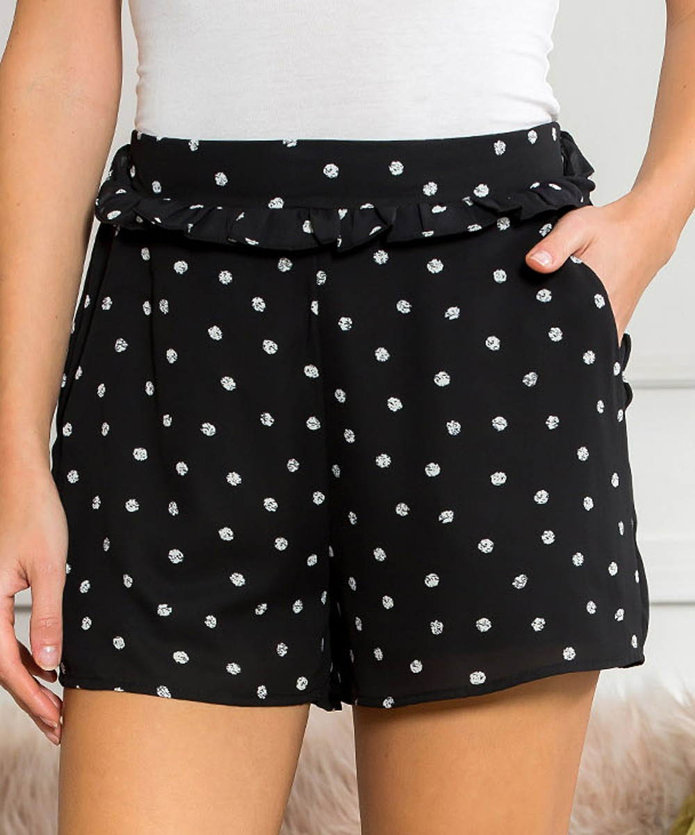 Riah Fashion Women's Casual Shorts Black - Black Polka Dot Ruffle Shorts - Women | Zulily