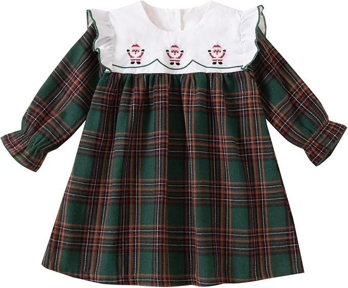 Toddler Baby Girls Christmas Outfit Plaid Dress Christmas Dress Santa Merry Embroidered Fall Wint... | Amazon (US)