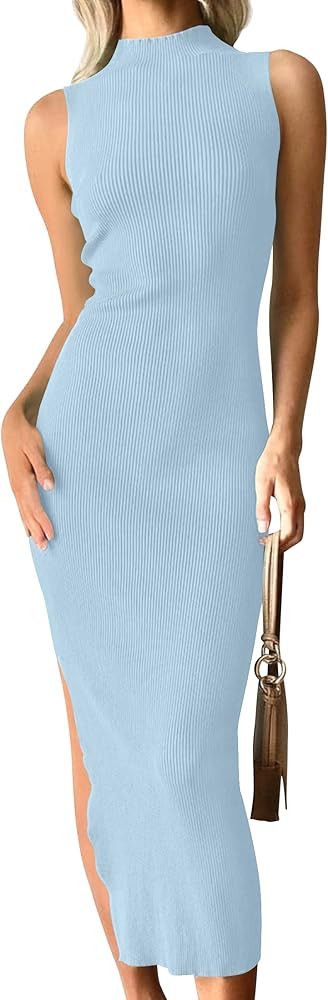 ZESICA Women's 2023 Summer Knitted Sweater Dress Sleeveless Mock Neck Ribbed Side Slit Bodycon Ta... | Amazon (US)