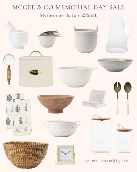 My favorites from the McGee & Co Memorial Day sale. All of these items are 25% off right now. Stoneware batter bowl. Marble cookbook stand. Terracotta pedestal bowl. Stoneware glazed colander. Serving spoon set. Cream with brass detail metal bread box. Produce bowl. Measuring cup set. Square brass table clock. Glass with leather pull lidded jars. Stoneware crock. Magnifying glass. Floral napkins set. White marble mortar and pestle. Ribbed glass pitcher. Large woven bowl basket  

#LTKFindsUnder50 #LTKSaleAlert #LTKHome