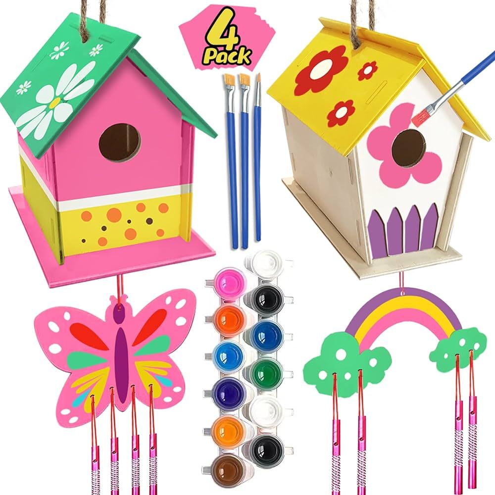 Crafts for Kids Ages 4-8 - 4 Pack DIY Bird House Wind Chime Kit - Build and Paint Birdhouses Wood... | Amazon (US)