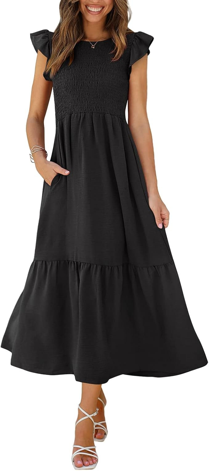 OFEEFAN Women's Casual Maxi Dresses with Pockets Ruffle Sleeve Smocked Dress XS-2XL | Amazon (US)