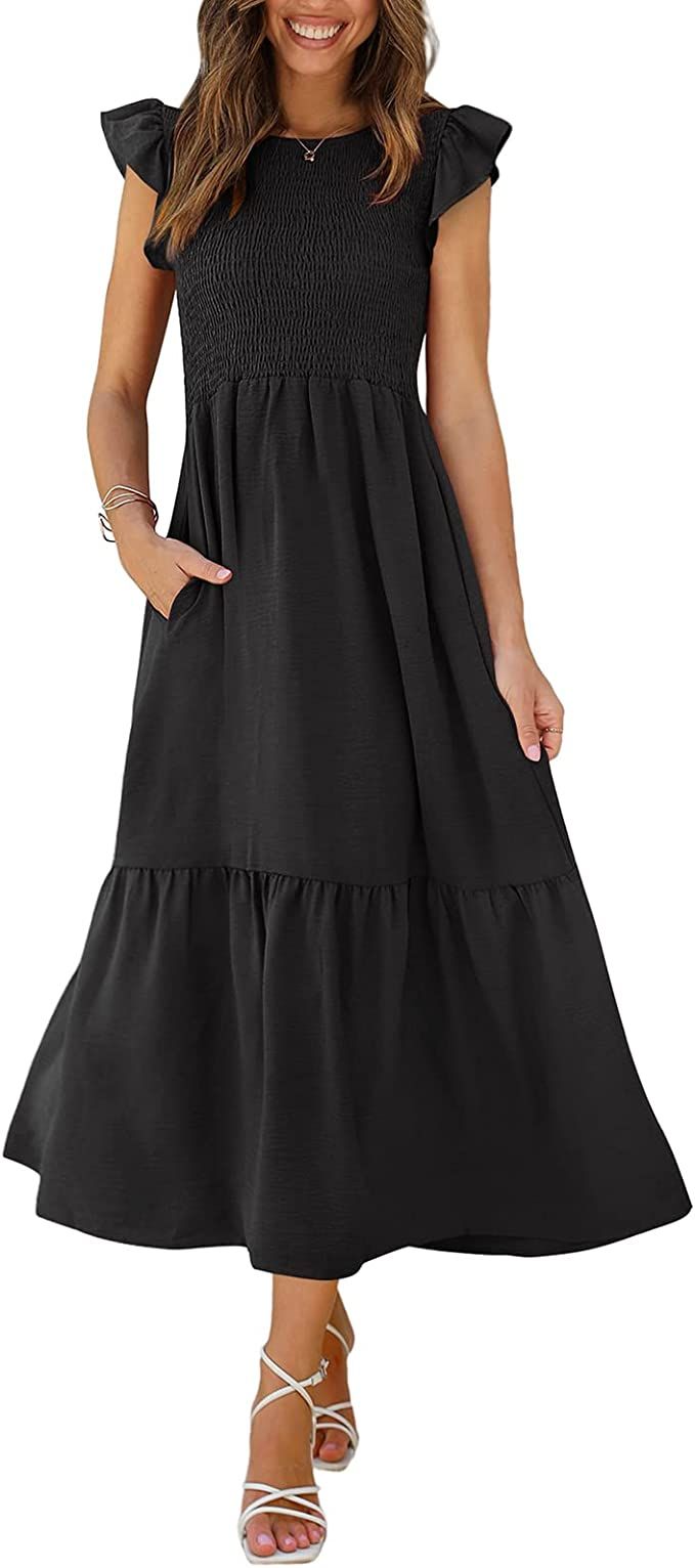 OFEEFAN Women's Casual Maxi Dresses with Pockets Ruffle Sleeve Smocked Dress XS-2XL | Amazon (US)