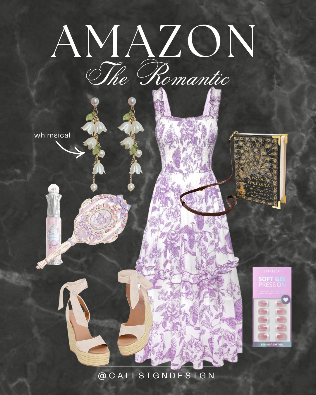 The romantic, reimagined ✨

A dreamy floral dress in soft lavender, whimsical floral earrings that feel plucked from the ground, and a book-shaped purse that deserves its own spotlight. Paired with wedges for a grounded touch and rococo-inspired beauty tools for added enchantment. Caught somewhere between a garden party and a daydream 💜🌸 

 #LTKdayinmylife #LTKgrwm #LTKootd