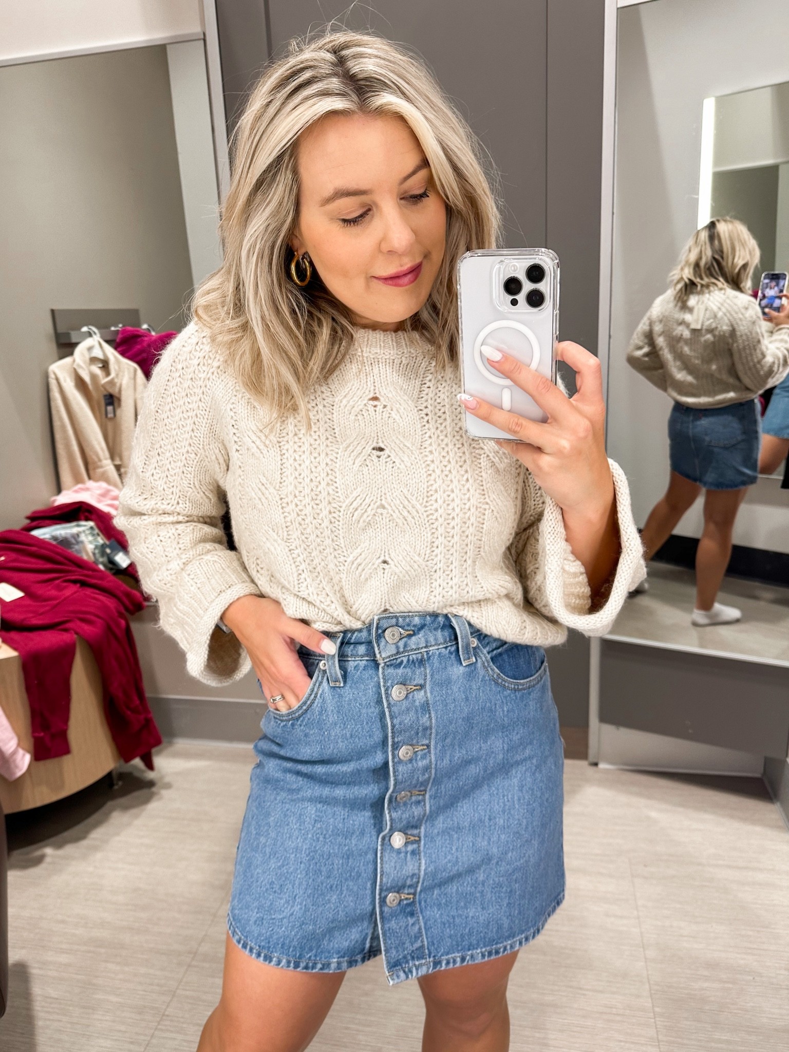 Target cable knit sweater size small and true to size. Target Levi denim skirt size 4/27 and true to size. #falloutfitideas 

#LTKstyletip #LTKunder50 #LTKSeasonal