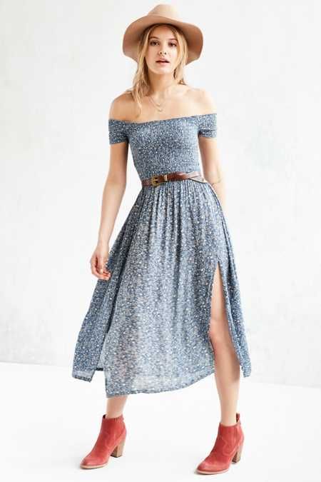 Kimchi Blue Picnic Smocked Off-The-Shoulder Midi Dress | Urban Outfitters US