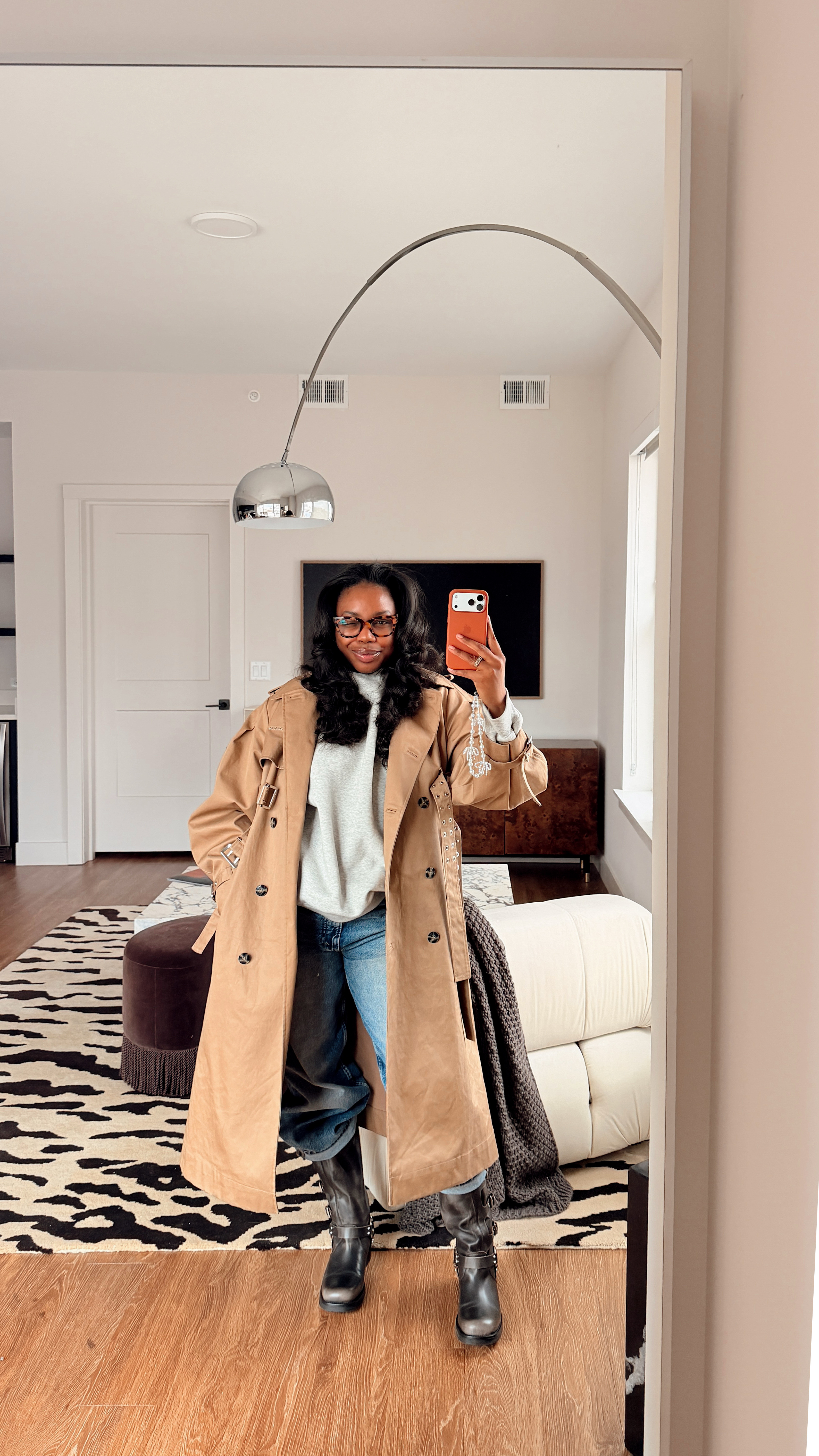 rainy, cozy day in Denver OOTD ☁️🤎

boots: steve madden
jeans:
trench coat: ganni 
mockneck sweatshirt: parke 
glasses: warby parker 
phone case: apple
phone charm strap: casetify  
 

 #LTKdayinmylife #LTKgrwm #LTKootd