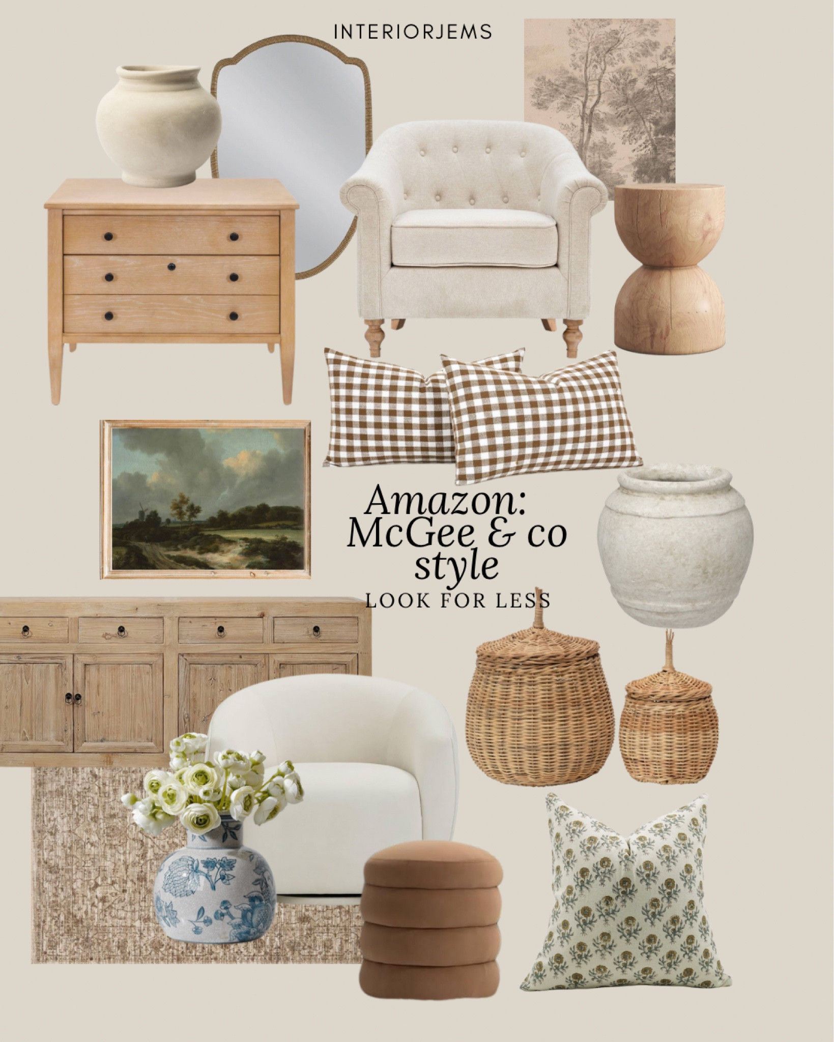 Try to re-create the new McGee and Co spring collection, but found it on Amazon, papier-mâché vase, baskets with lids, nightstand, chest of drawers, buffet, media cabinet, black, print pillow, floral pillow, blue and white face, accent chair, lounge chair, modern accent chair all from Amazon look for less

#LTKStyleTip #LTKSaleAlert #LTKHome