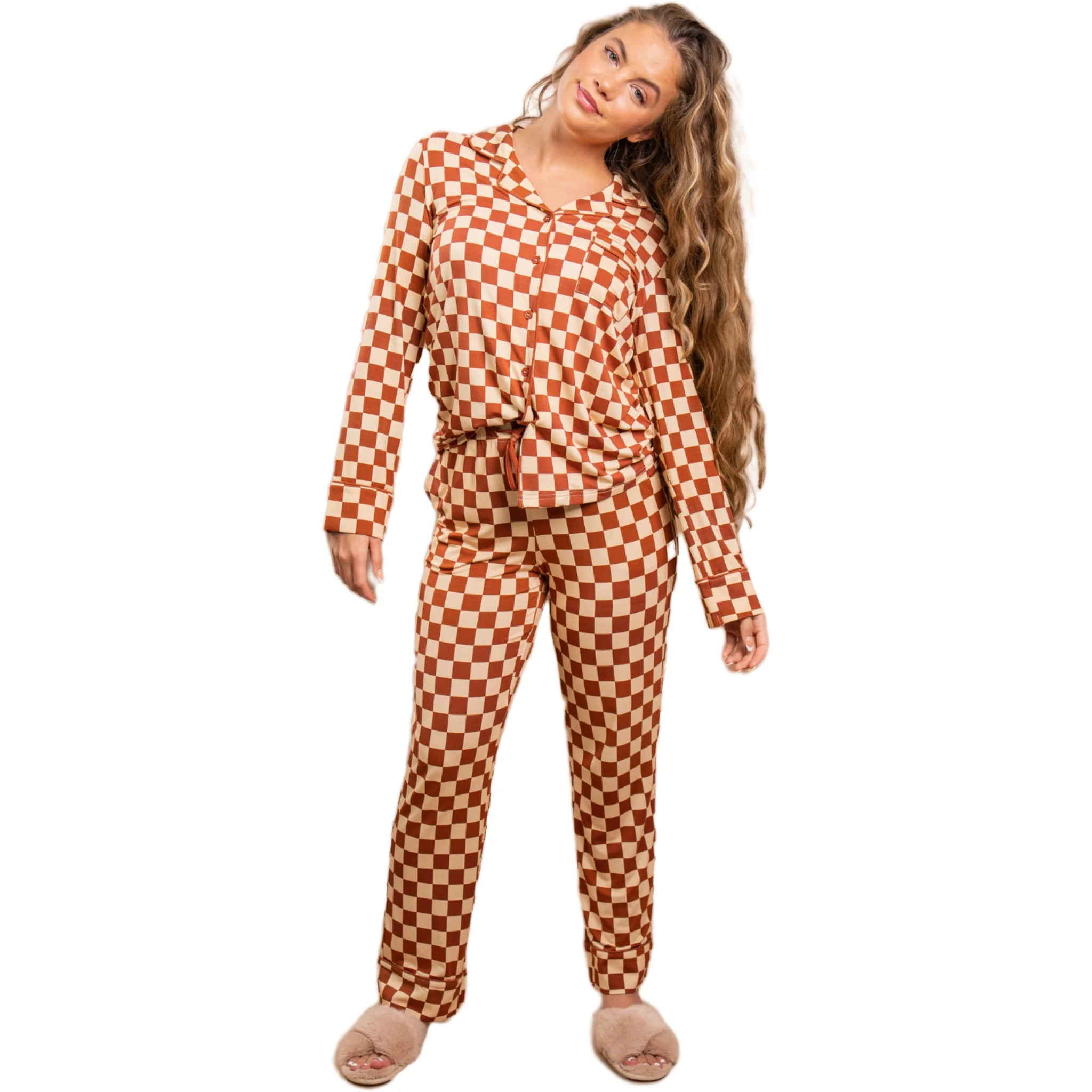 Catherine Neutral Checkered Long Sleeve Pajama Set | Cozy Ups