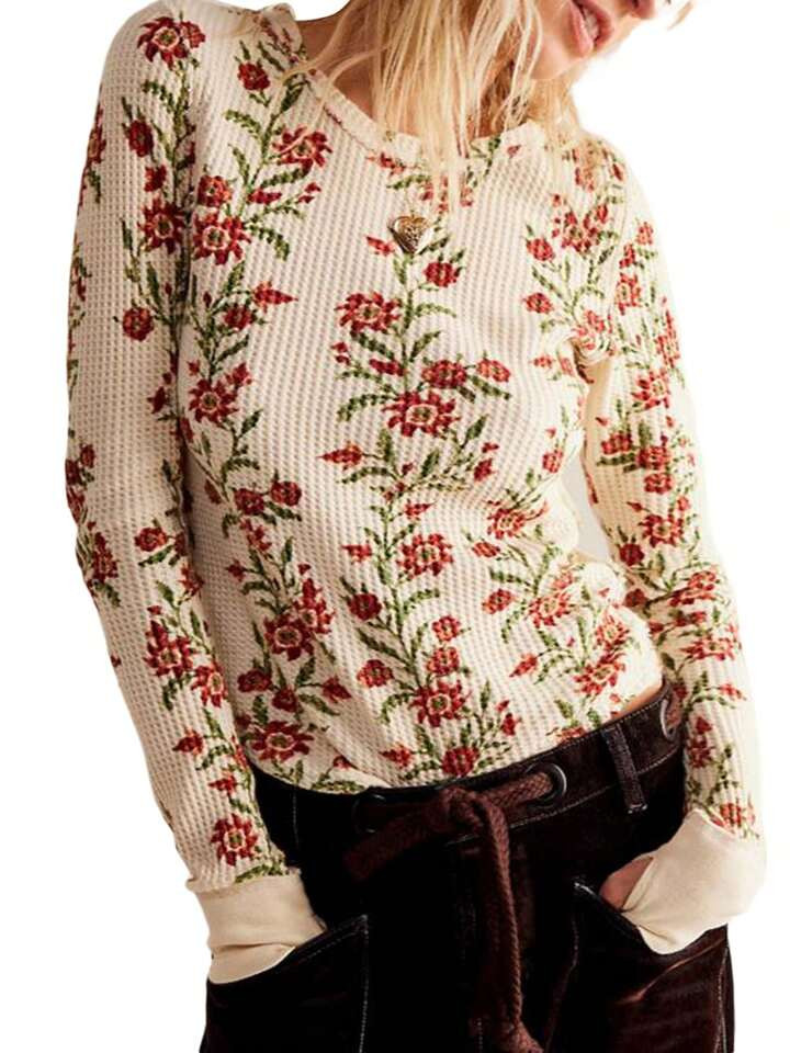 Women T-Shirt Long Sleeve Crew Neck Flower Print Ladies Fall Tops Casual Streetwear | SHEIN USA | SHEIN