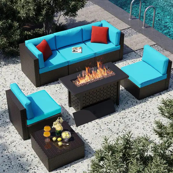 7 Piece Sectional Seating Group with Cushions and Fire Pit - Blue | Bed Bath & Beyond