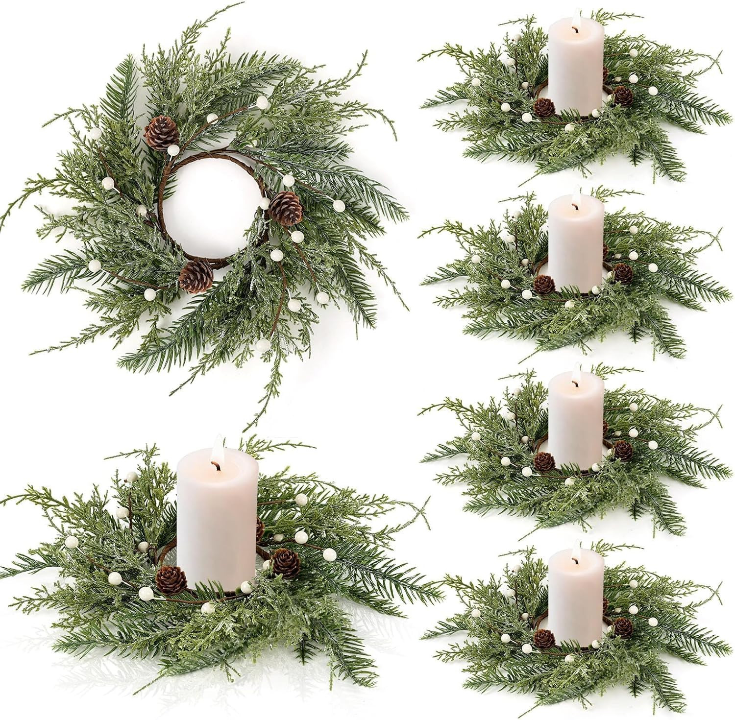6 PCS Christmas Wreath Candle Rings Mini Wreath Pine Garland Artificial Frosted Cedar and Pine Cone Candle Rings Holder for Christmas Wedding Home Table Centerpiece Door Window Chair Wall | Amazon (US)