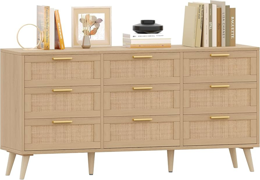 Rovaurx 9 Drawer Double Dresser for Bedroom, Rattan Chest of Dressers, Modern Wooden Dresser Ches... | Amazon (US)