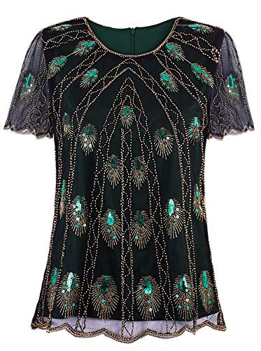 Vijiv Women's 1920s Vintage Beaded Tops Art Deco Scalloped Hem Embellished Sparkly Dressy Peacock Sequins Shirt Blouse Tunic Party | Amazon (US)