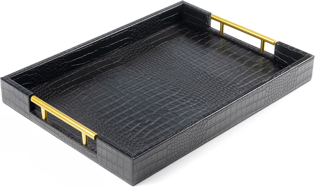 17" x 12" Wood Serving Tray with Gold Polished Metal Handles, Home Decorative Wooden Rectangle Ot... | Amazon (US)