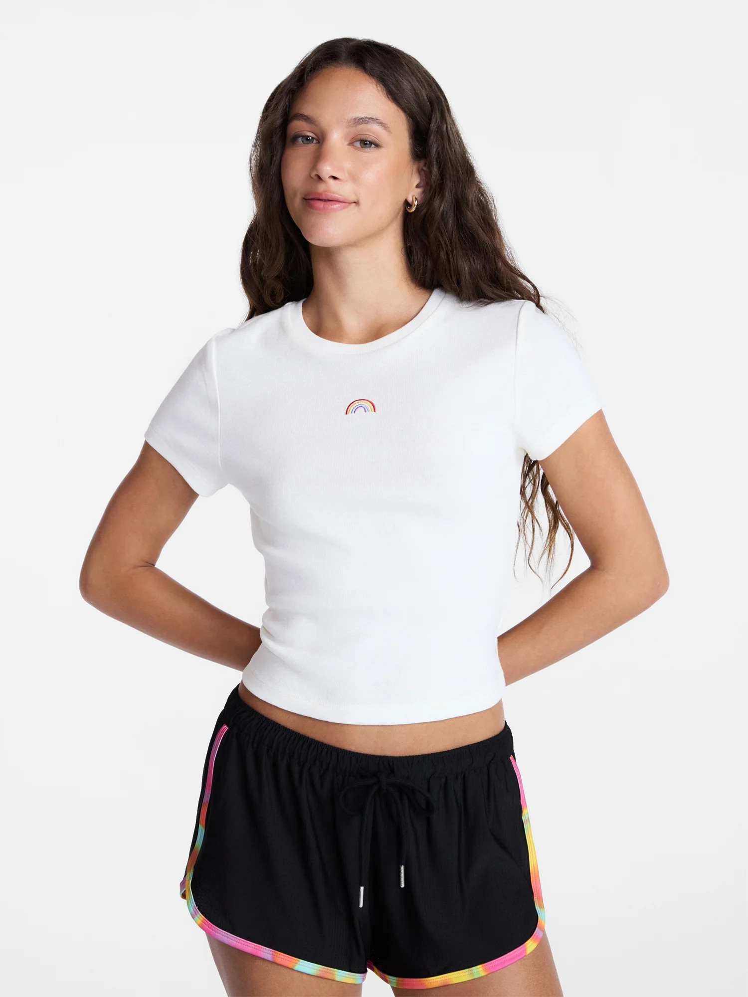 No Boundaries Ribbed Embroidered Cotton Baby Tee, Women's XXS-XXL - Walmart.com | Walmart (US)