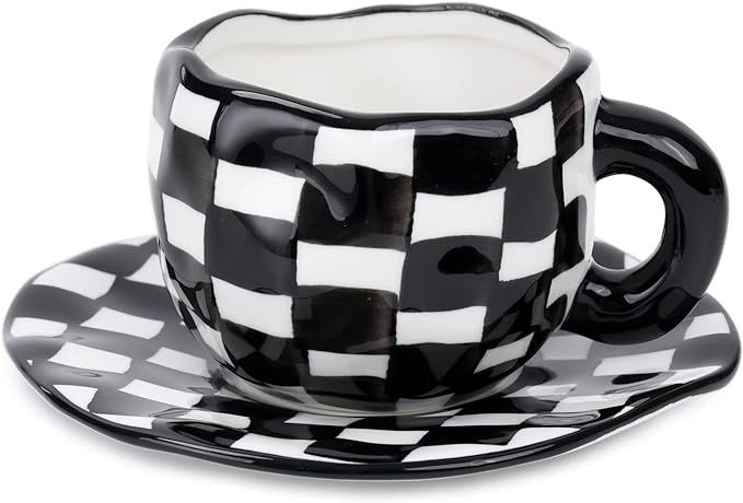 Checkered Mug and Coaster Checkered Tea Cup with Saucer Novelty Ceramic Coffee Mug - 10 Ounce | Amazon (US)