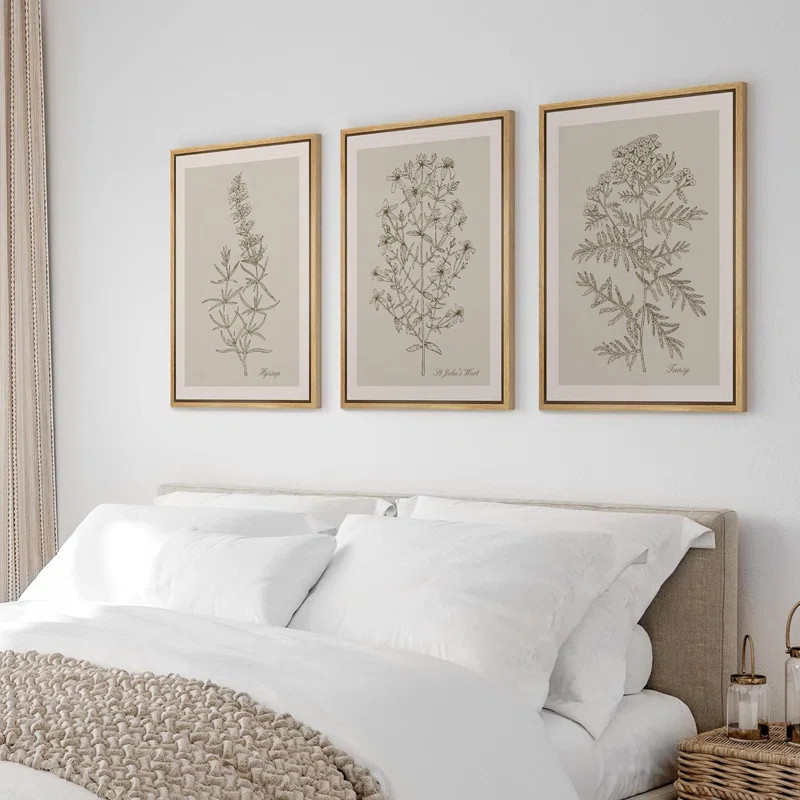 Duotone Vintage Flowers Neutral Floral Botanical Minimalist Framed Canvas 3 Pieces Print Wall Art | Wayfair North America