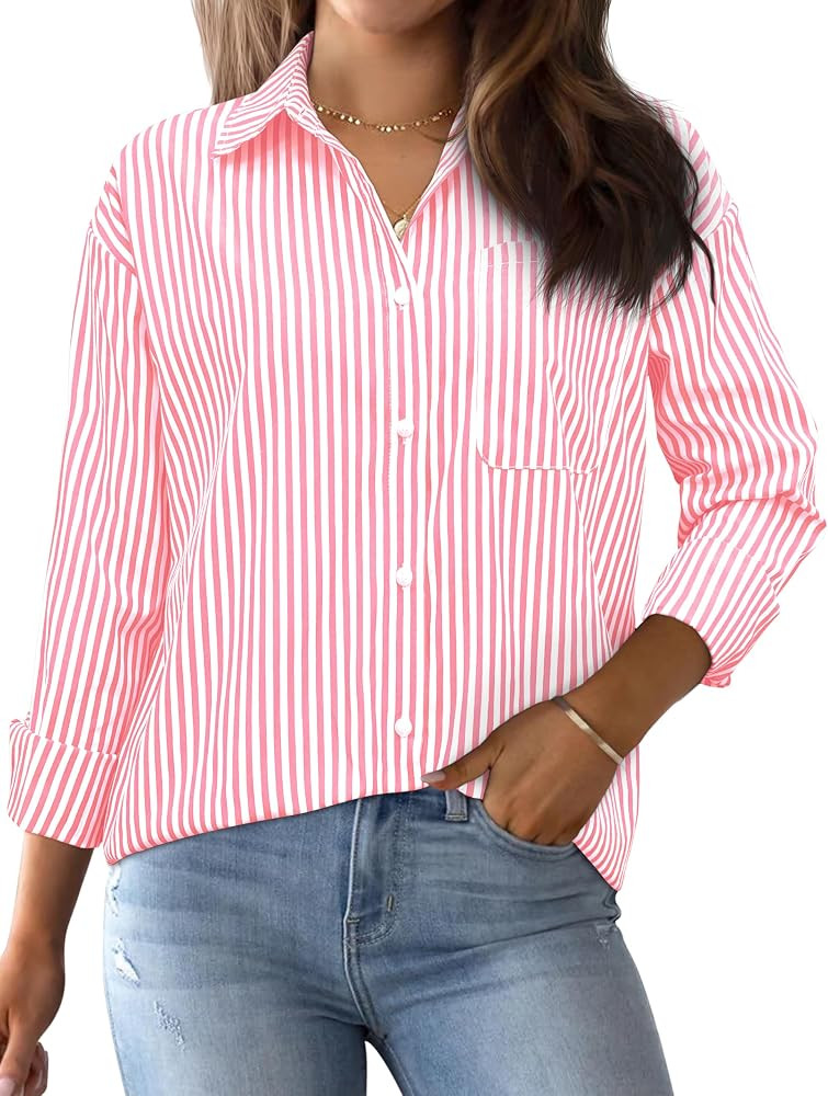 AISEW Womens Button Down Shirts Striped Classic Long Sleeve Collared Office Work Blouses Tops wit... | Amazon (US)