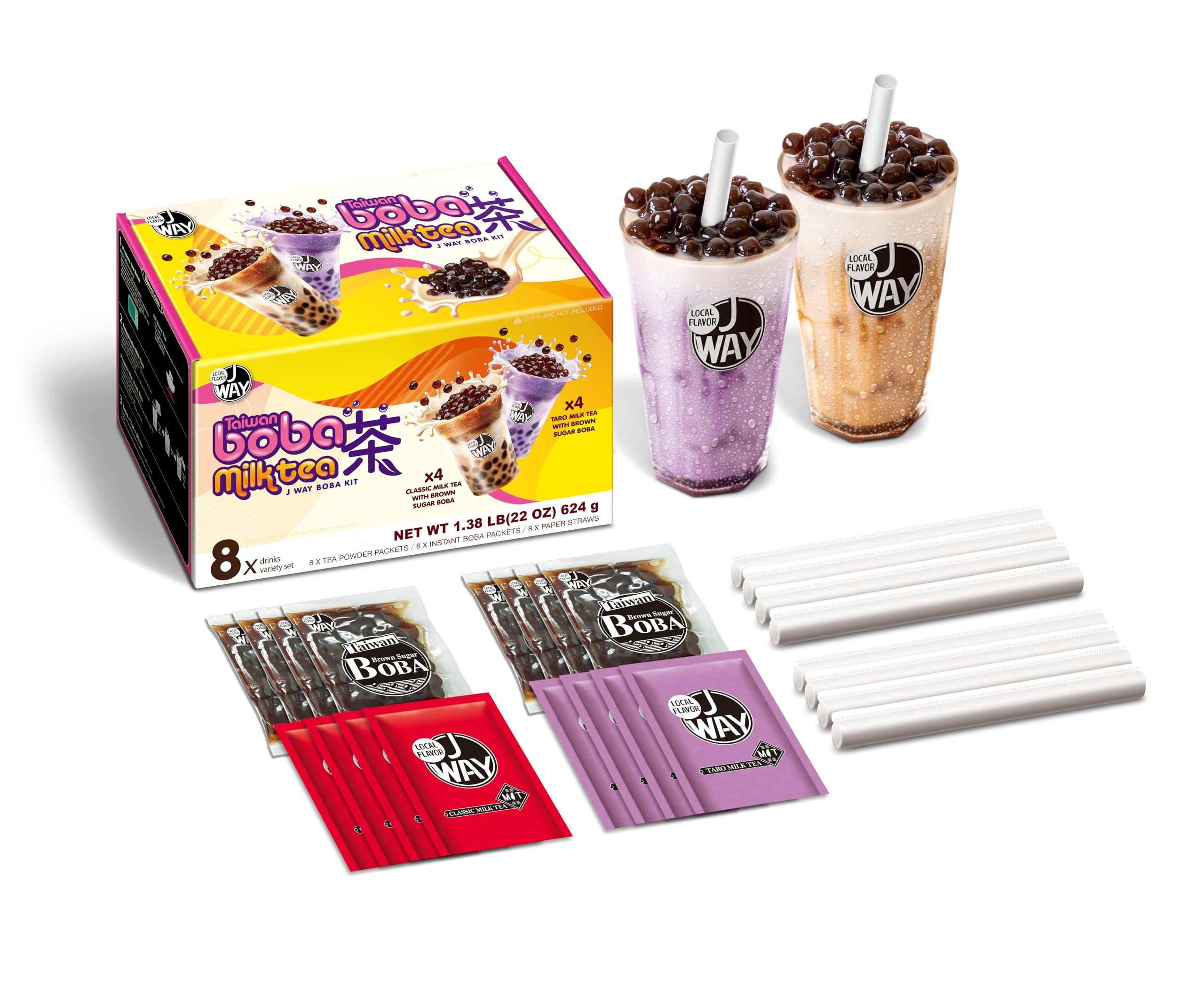 JWAY Instant Boba Bubble Tea Kit 8 Servings, 4 Taro & 4 Classic Milk Tea Variety Pack with Authentic Brown Sugar Tapioca Pearls, Ready In Under 1 Minute, Paper Straws Included, Boba Party Gift Kit Set | Amazon (US)