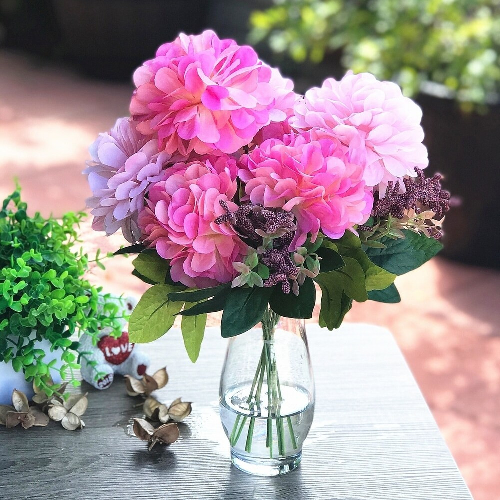 Enova Home Pink Mixed Dahlia Silk Flower Arrangement in Glass Vase with Faux Water For Home Office D | Bed Bath & Beyond