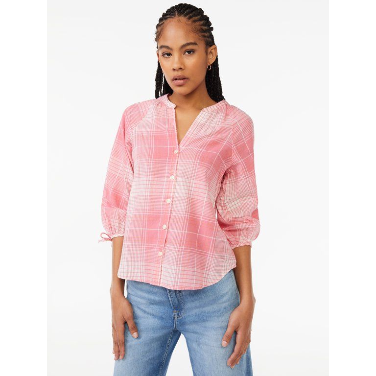 Free Assembly Women's Button Down Top with 3/4-Length Tie Sleeves | Walmart (US)