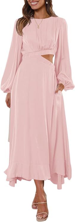 Fisoew Women's Long Sleeve Midi Dress Cutout Elastic High Waist A Line Maxi Party Dress with Pock... | Amazon (US)