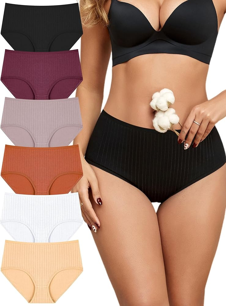 FINETOO Cotton Underwear for Women High Waisted Ribbed Full Coverage Briefs Soft Breathable Moist... | Amazon (US)