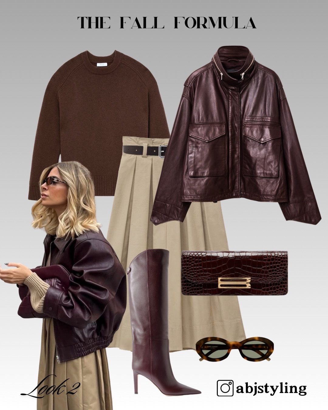 The Autumn Formula | Look 2

Same formula, completely different mood.

Chocolate knit + camel midi skirt + burgundy leather jacket + knee-high boots, finished with a croc-effect clutch.

I especially love the mix of chocolate and burgundy here. They’re close enough tonally to feel sophisticated, while the camel breaks up the darker shades.

Styling tip: When mixing several rich autumn colours, repeat at least one shade through your accessories. Here, the burgundy jacket, boots and bag create a visual thread through the entire outfit.

#LTKFashionMonth #LTKautumn #LTKuk
