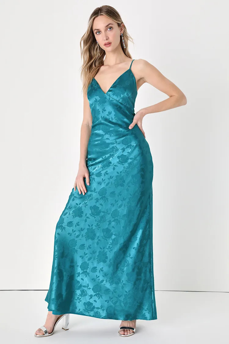 Take Me Dancing Teal Blue Satin Jacquard V-Neck Maxi Dress | Lulus