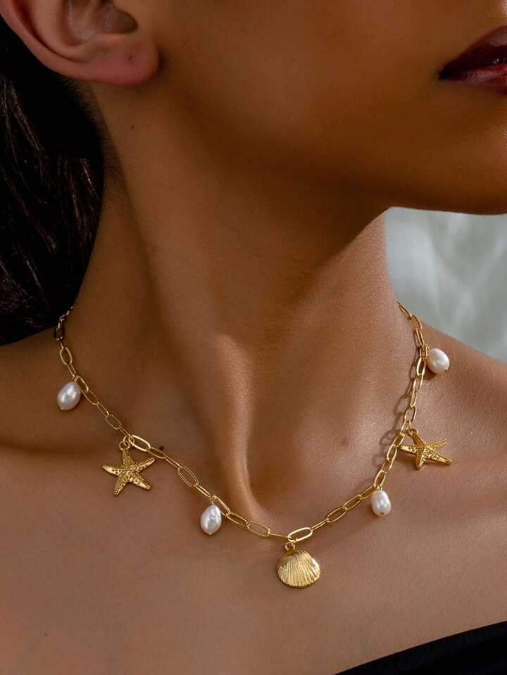 1 Pieza Colgante De Collar Con Forma De Estrella De Mar, Concha Y Perla Falsa, En Color Cobre Con Baño De Oro De 18K, Nudo De Bambú, Diseño Delicado De Estilo Vacacional Oceánico Creativo | SHEIN