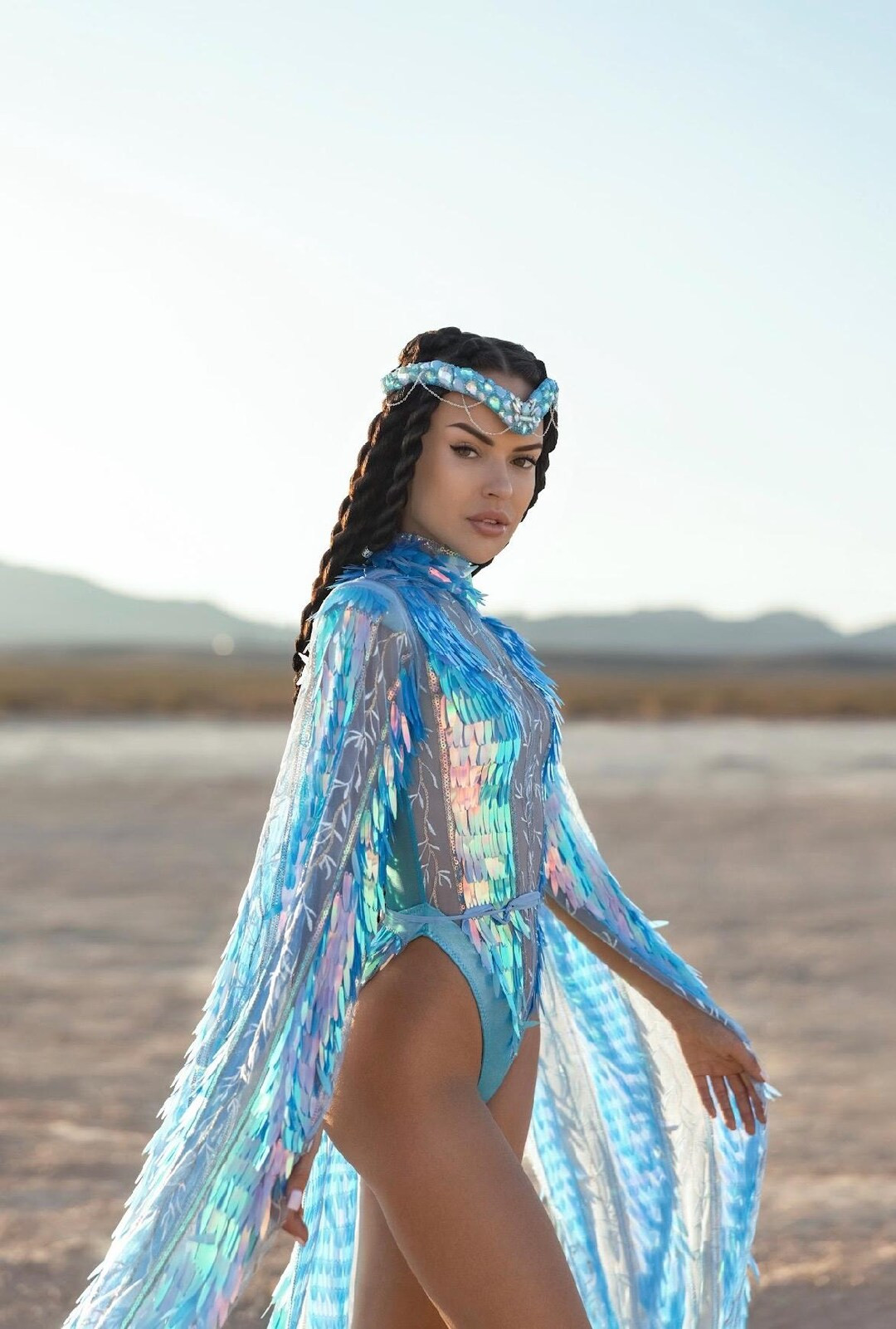 Holographic Blue Sequin Bodysuit with Fringe Sleeves – Festival Outfit for Burning Man, Rave Co... | Etsy (US)