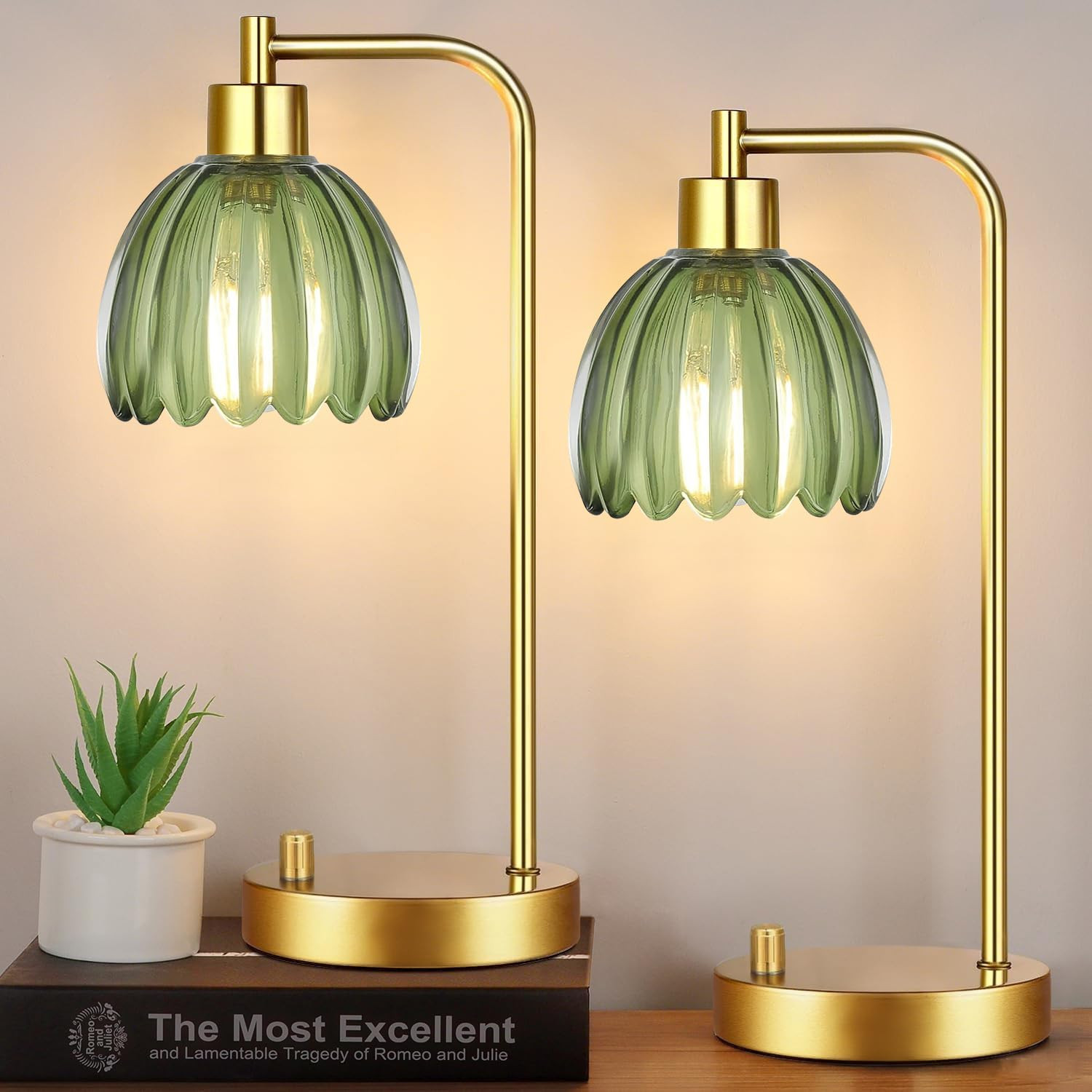 Green Table Lamp Set of 2,Small Glass Bedside Lamps Dimmable Boho Bedroom Lamp with Tulip Flower Lamp Shade,Gold Vintage Mid Century Modern Mini Nightstand Lamp for Bedroom Living Room | Amazon (US)