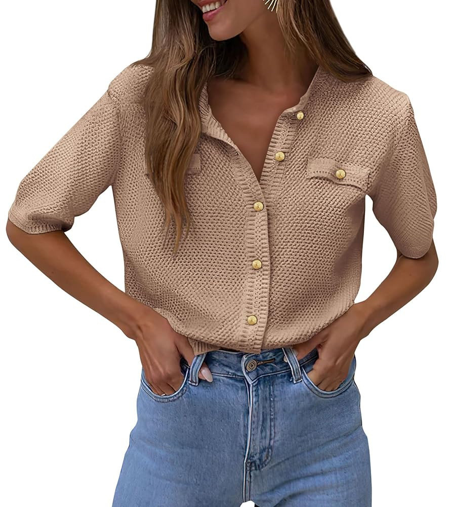 PRETTYGARDEN Women's Summer Button Down Shirts Casual Short Sleeve Crew Neck Ribbed Knit Blouse T... | Amazon (US)