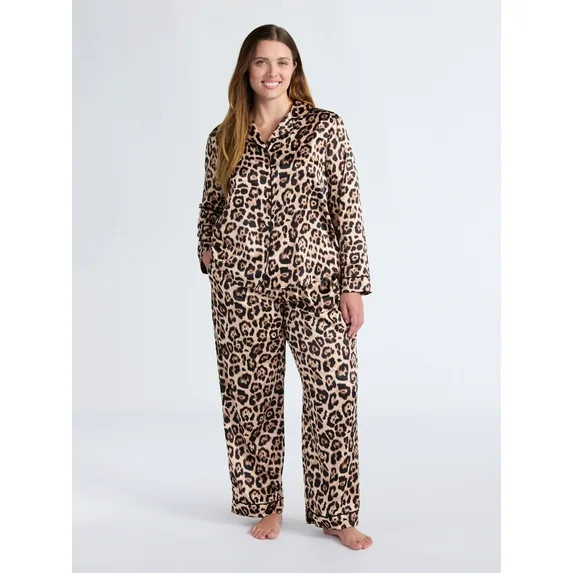 Joyspun Women’s Stretch Satin Notch Long Sleeve Top and Pants Pajama Set, 2-Piece, Sizes XS-3X | Walmart (US)