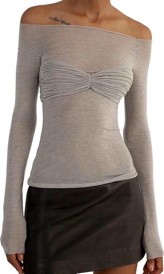 Meladyan Women Off Shoulder Ruched Sheer Mesh Sexy Tshirt Top Long Sleeve Pleated See Through Sol... | Amazon (US)