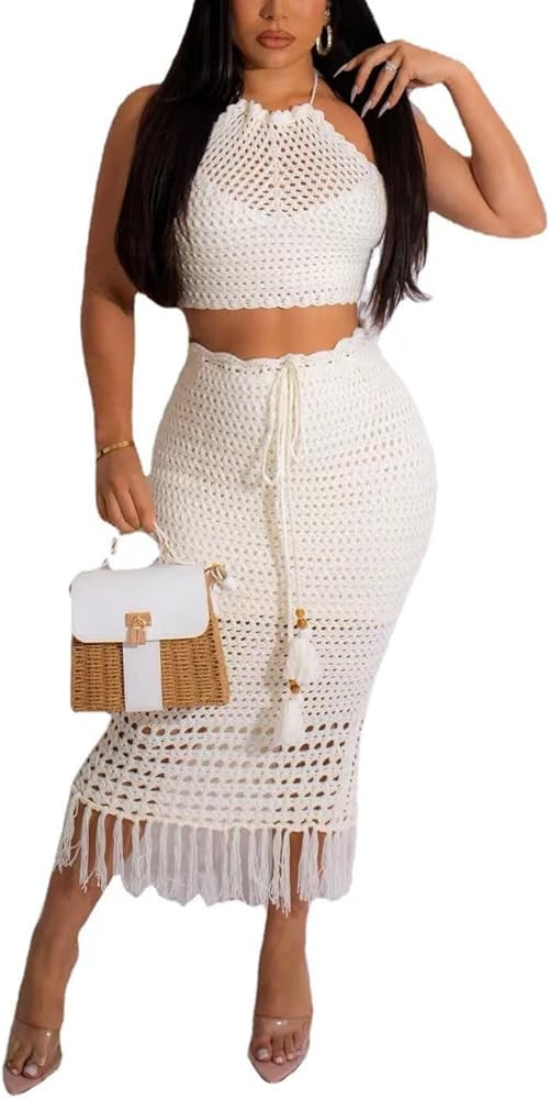 Women Plus Two-Piece Skirt Set Tassel Fishing Net Knittin Hollow Out Off Shoulder Beach Dresses | Amazon (US)