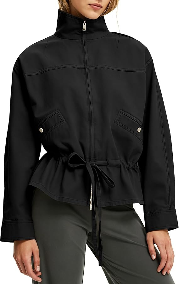 Womens Drawstring Waist Funnel Neck Jacket Casual Peplum Hem Coat | Amazon (US)
