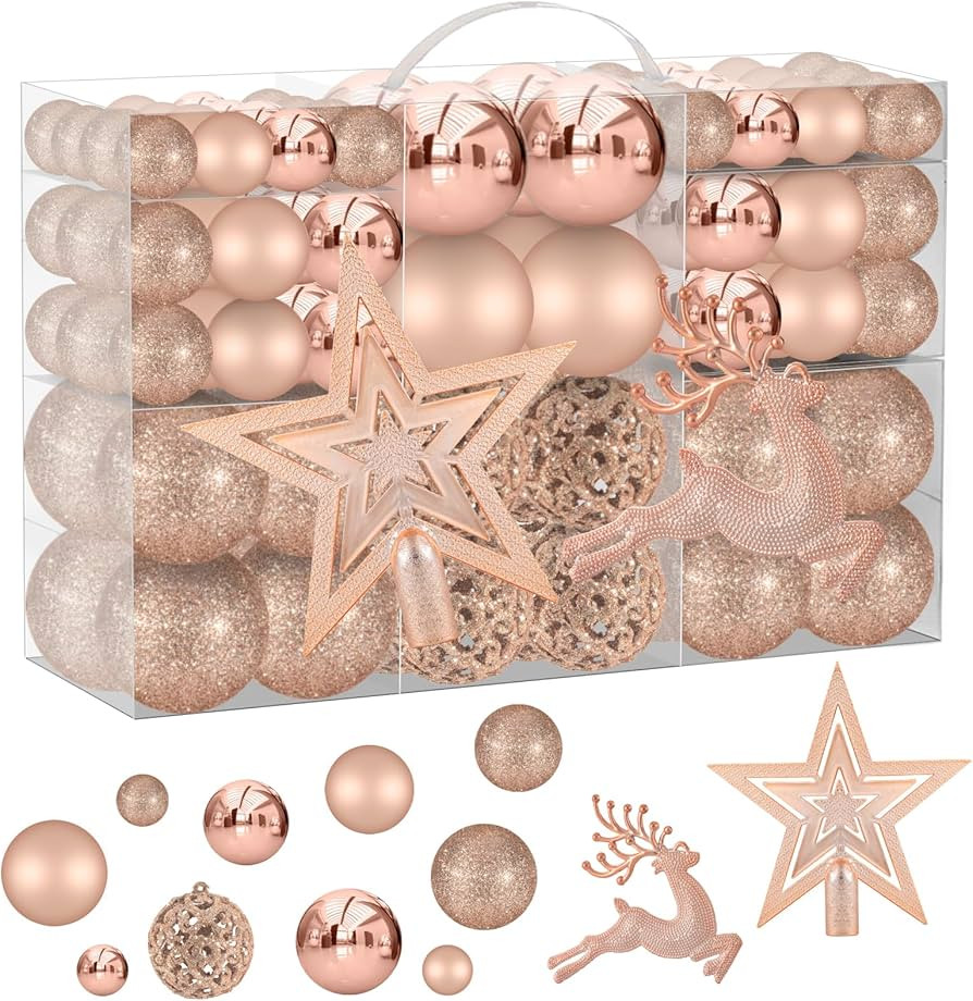 102PCS Assorted Rose Gold Christmas Ornaments, Christmas Balls Ornaments,Xmas Tree Ornaments,Plastic Shatterproof Christmas Ornaments,Christmas Tree Decorations Set | Amazon (US)