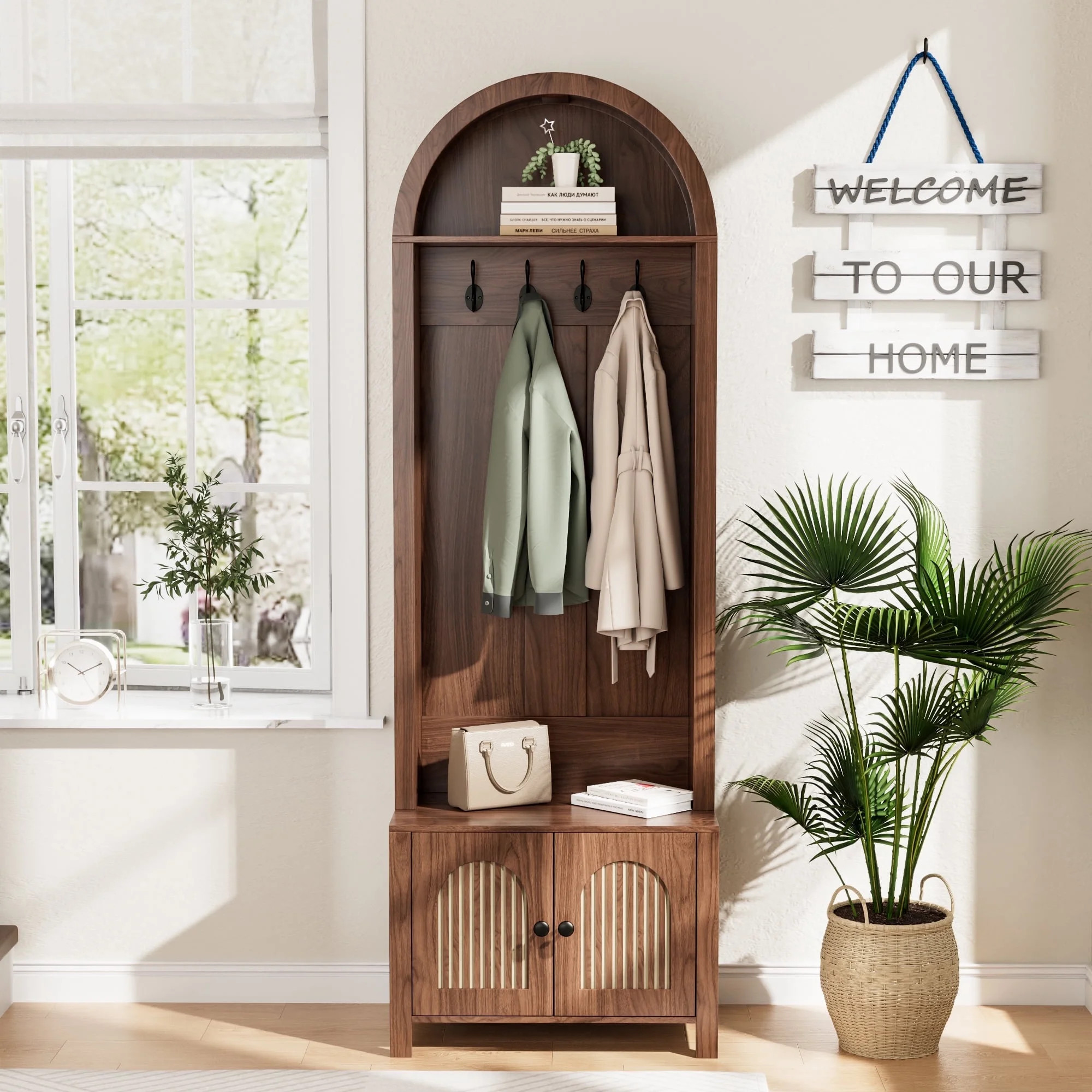 LUCKYELF Hall Tree with Shoe Storage, Farmhouse Arch Coat Rack Cabinet, Entryway Bench Organizer ... | Walmart (US)