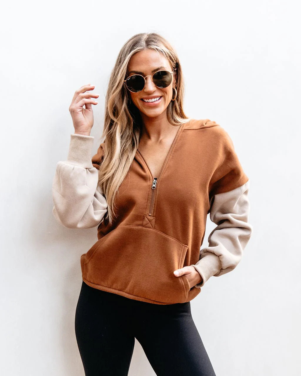 Brown Color Block Half Zip Up Hoodie | Magnolia Boutique | Magnolia Boutique