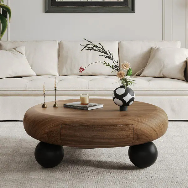 35.4" Round Walnut Coffee Table with Hidden Storage Drawer, Modern Center Table with Black Ball L... | Bed Bath & Beyond