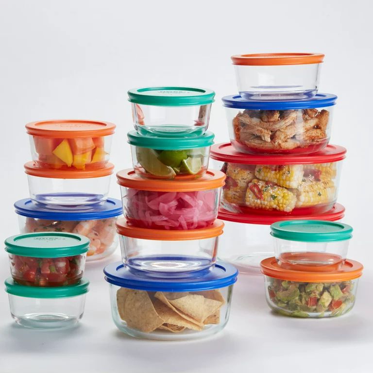 Pyrex Simply Store Glass Food Storage & Bake Container Set, 32 Piece with Multicolor Lids | Walmart (US)