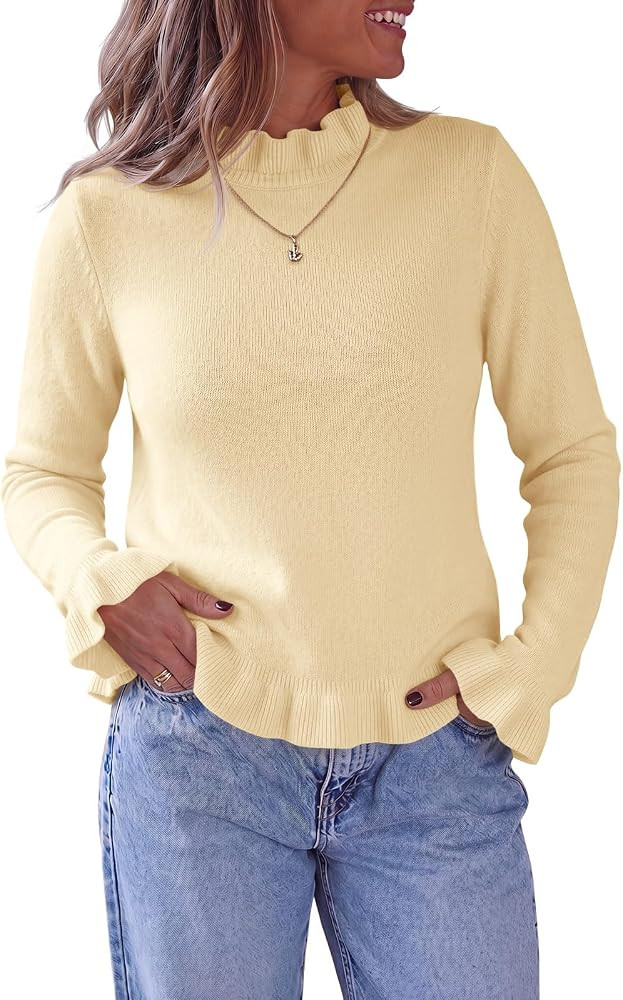 Saodimallsu Womens Ruffle Mock Neck Sweater Long Sleeve Fall Soft Cozy Ribbed Knit Casual Pullove... | Amazon (US)