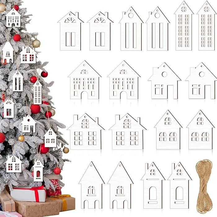 18 Pcs Christmas Wooden House Cutout Ornaments Xmas Tree Wooden Tag Hanging Decoration Double Sid... | Amazon (US)
