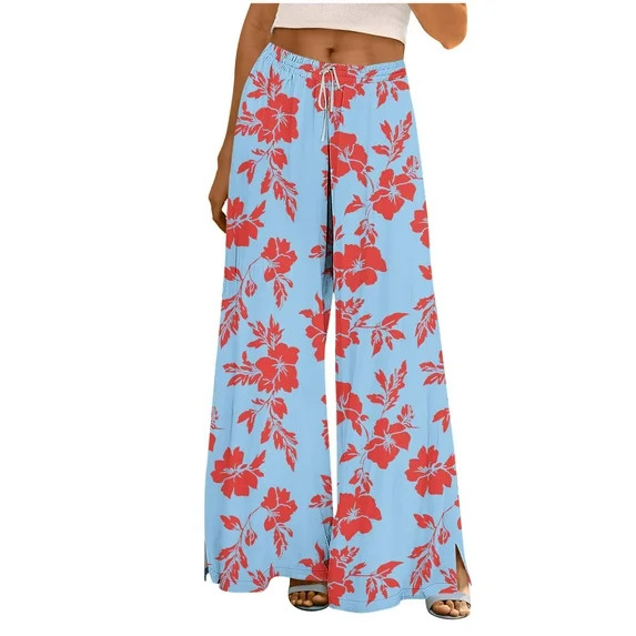 Kilaqueen Wide Leg Lounge Trendy Pants for Women Floral Print Drawstring Elastic High Waist Pants... | Walmart (US)