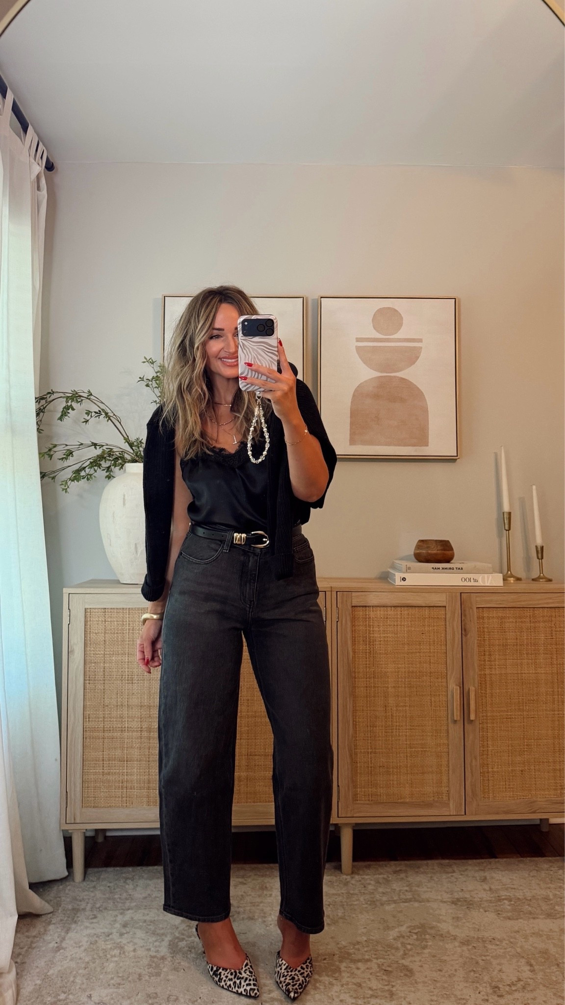 date night outfit idea! an all black outfit + a fun heel 🐆 love these jeans + cardigan! size S in the cardigan + cami, size 28 denim (could have done a 27) quince, fall outfits @Quince

#LTKootd