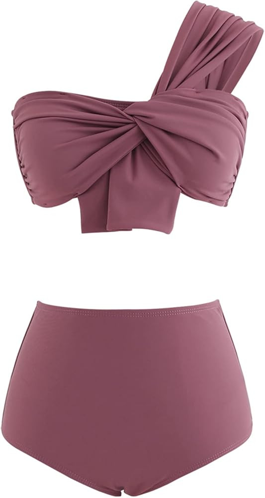 CHICWISH Women's Black/White/Rust Red/Brown Sweet Knot One-Shoulder Bikini Set Swimsuit | Amazon (US)