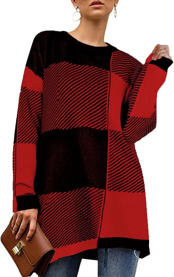 NSQTBA Womens Leopard Print Pullover Oversized Crew Neck Casual Knitted Sweater Tops S-2XL | Amazon (US)